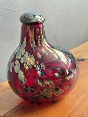 OIVA TOIKKA FINLAND 90'S GLASS MOUTH-BLOWN ART RUBY RED BIRD H 5" X L 9"
